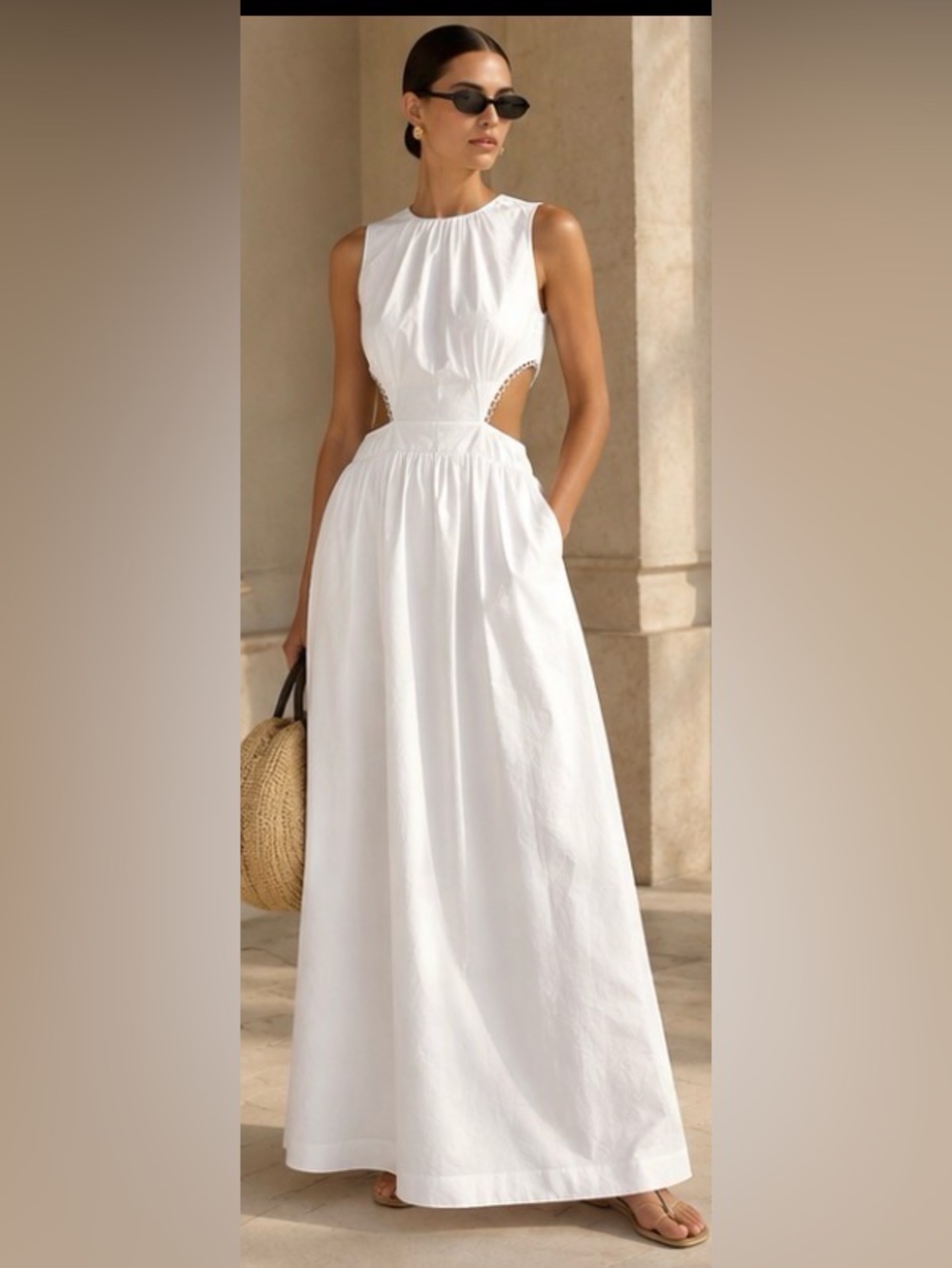 COMMENSE White Cutout Cotton Blend Maxi Dress L NWT Pockets